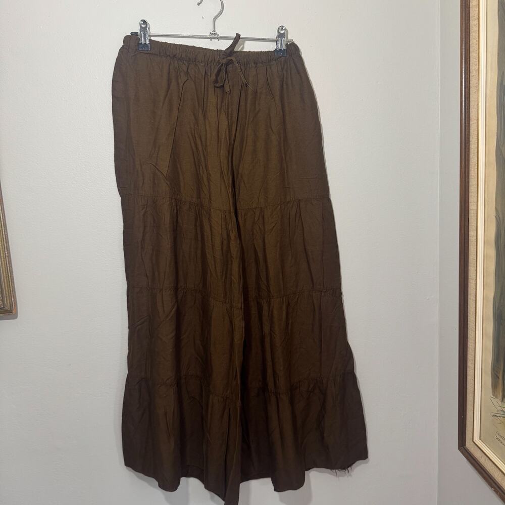 Vintage Step BKK Brown Rayon Tiered Maxi Skirt Boho Hippie High Waisted XS/S